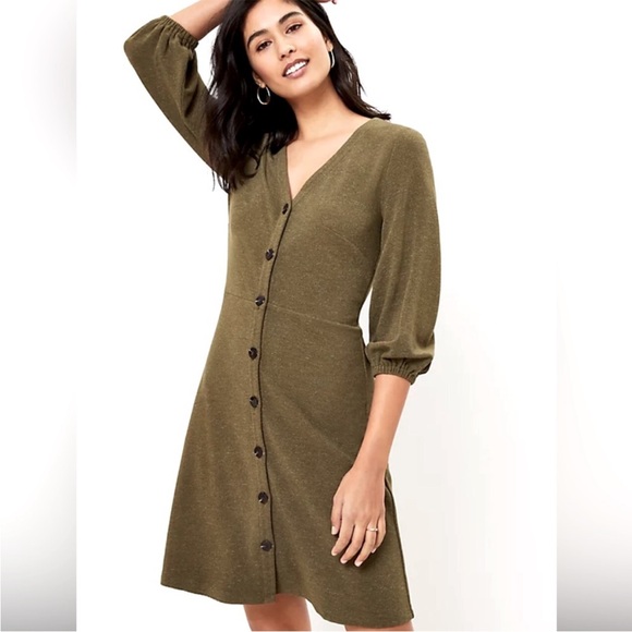 LOFT Dresses & Skirts - Loft Olive Green Ribbed Button-Front Dress w/ 3/4 Sleeves NWT | Size XL